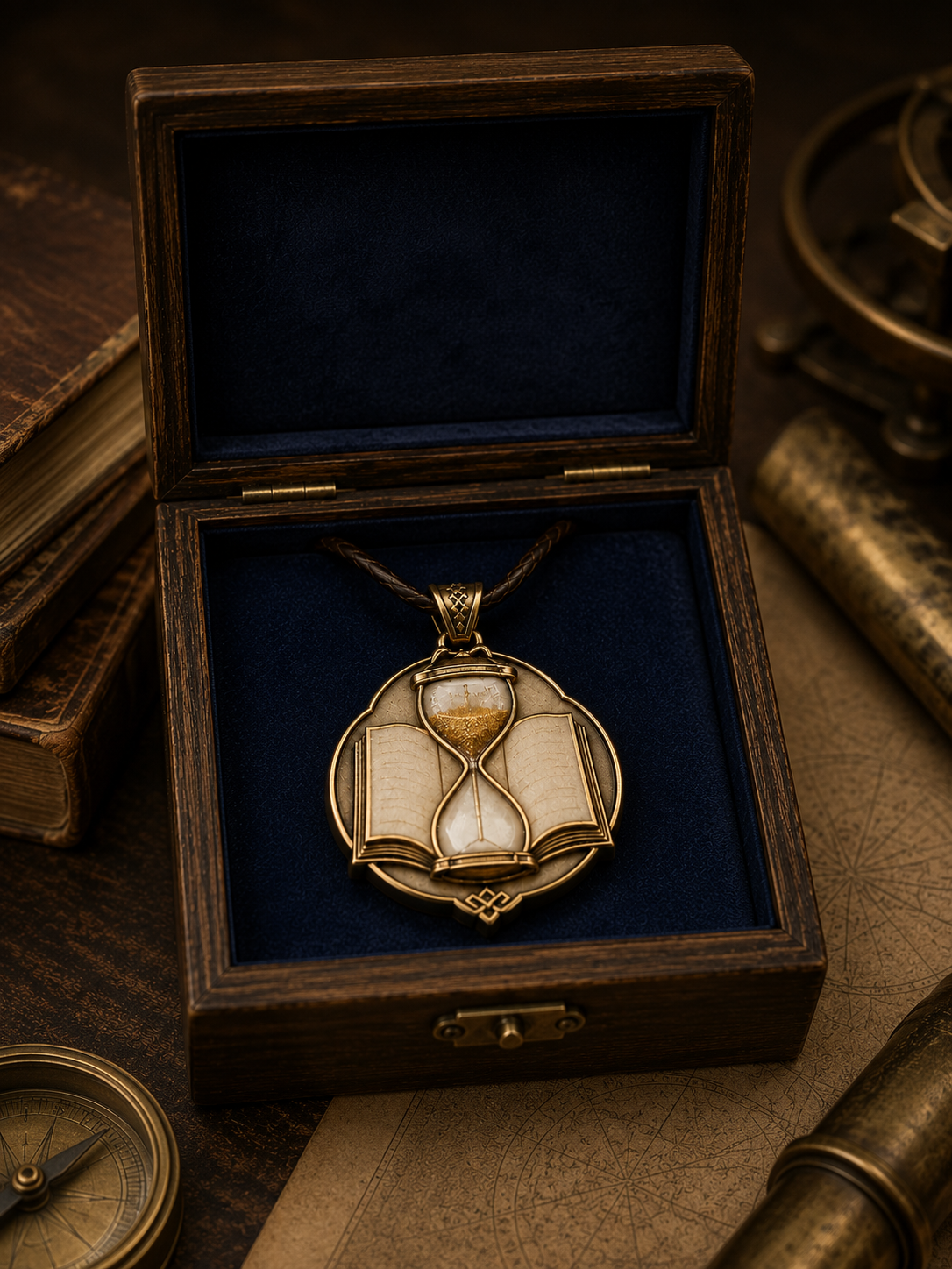 Holy symbol of Agnitio, an hourglass over an open book pendant displayed in a box