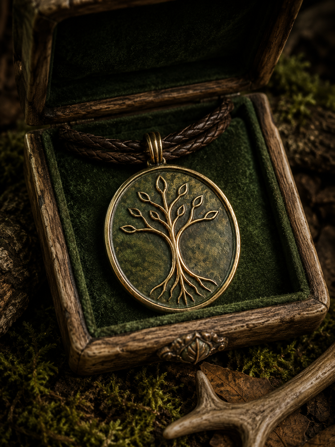 Holy symbol of Alitura, a tree pendant displayed in a woodland box