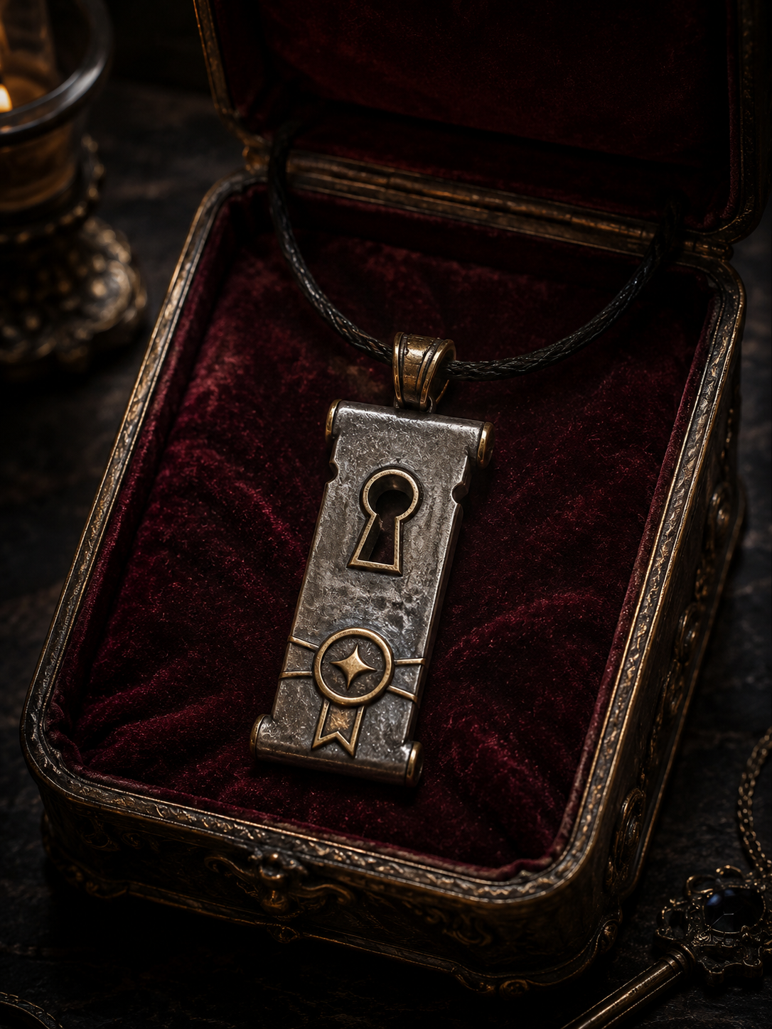 Holy symbol of Nequitia, a sealed contract and keyhole pendant displayed in a box