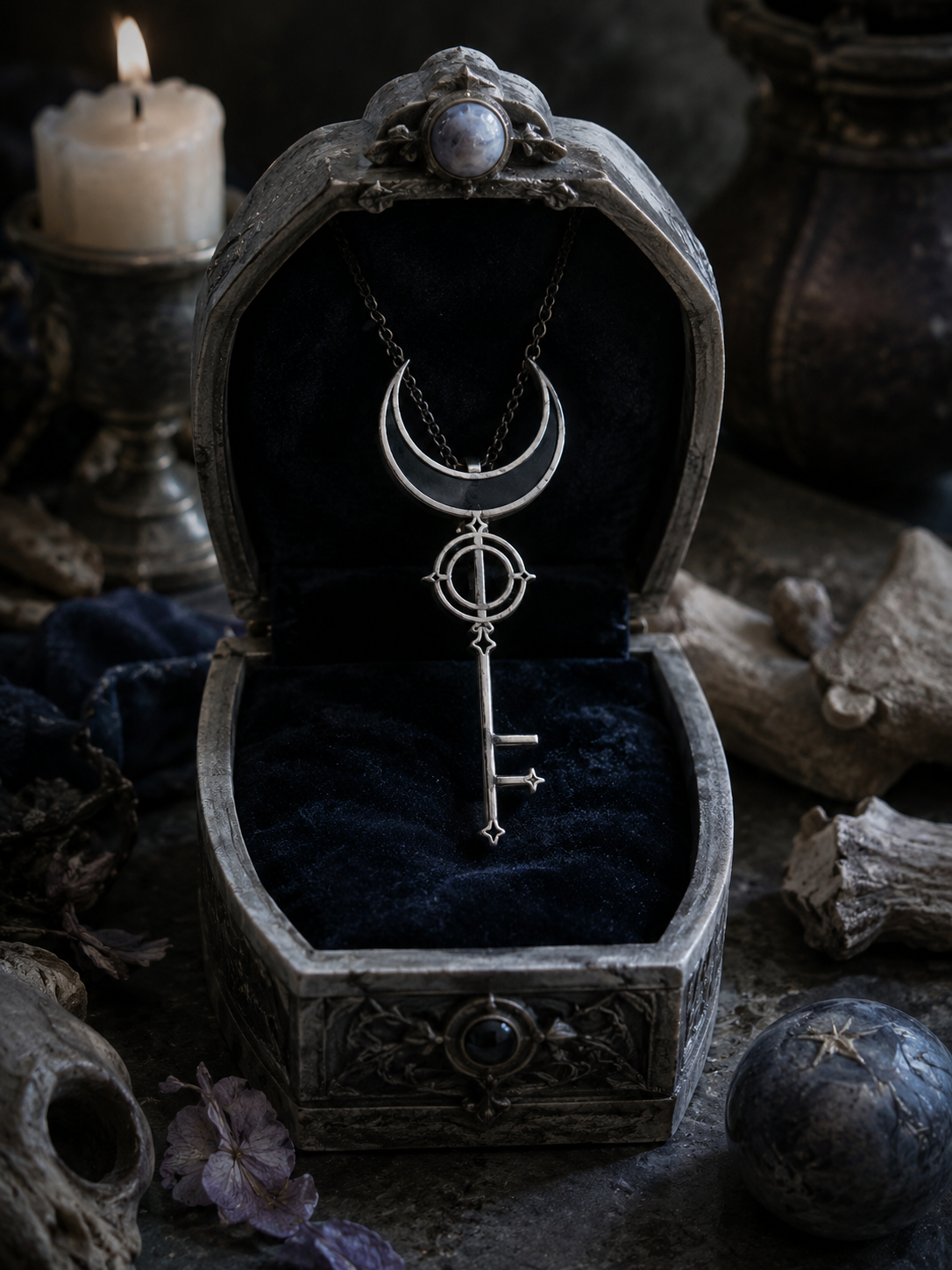 Holy symbol of Nox, a crescent moon and key pendant displayed in a box