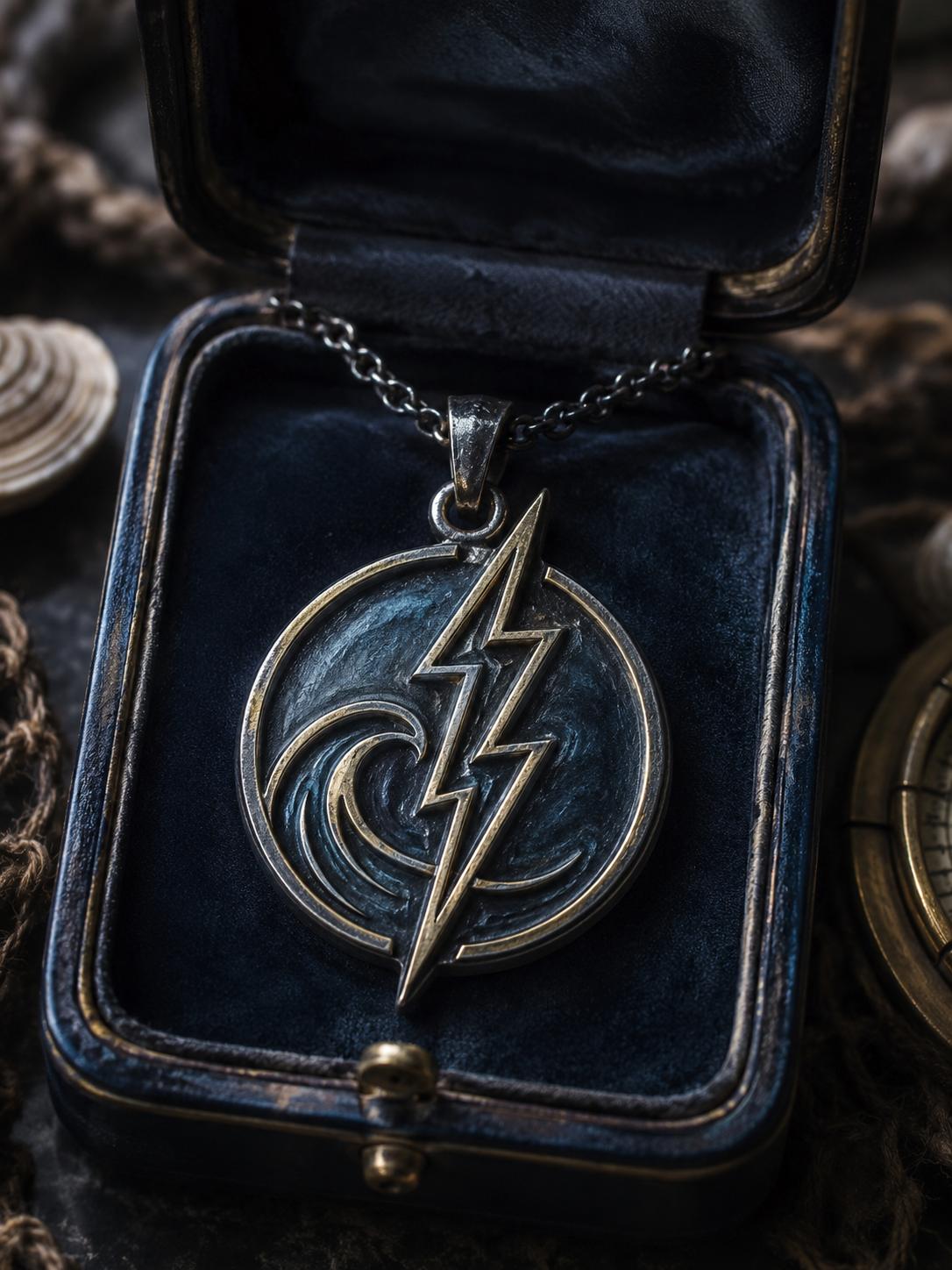 Holy symbol of Tempestas, a wave and lightning pendant displayed in a box